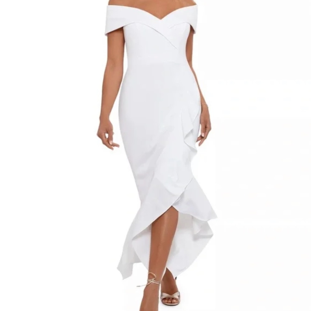 XSCAPE | White Ruffle High Low Formal Off Shoulder Dress Gown Size 6